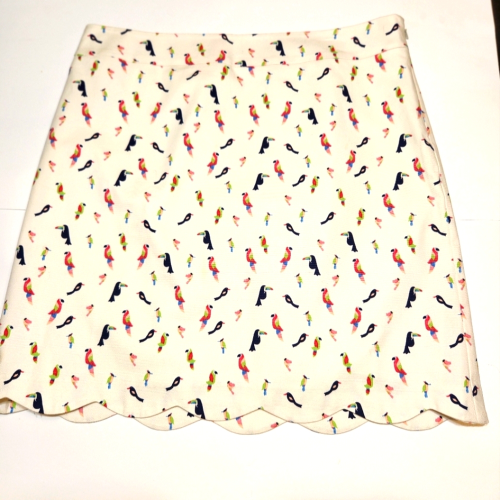 Talbots Tropical Bird Scalloped Hem Cotton Stretch Lined Skirt - 12 Petite